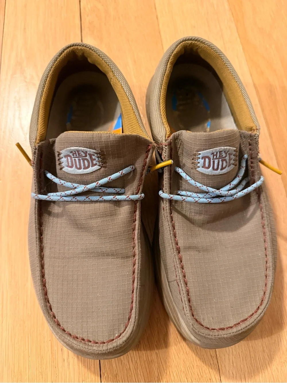 Hey Dude Men’s Tan Slip-On Loafers with Light Blue Laces